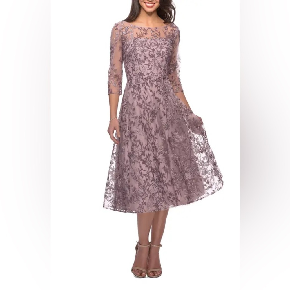 La Femme 
Tea Length Embroidered Dress with Sheer Sleeves $398 - Picture 2 of 5